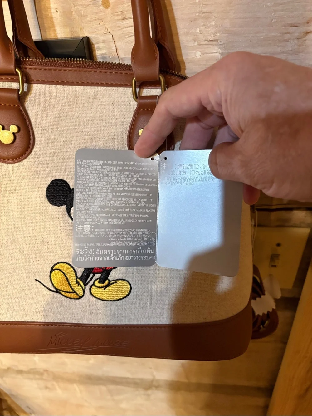 Disney Mickey Embroidered Satchel in Beige and Brown with Red and Yellow Accents